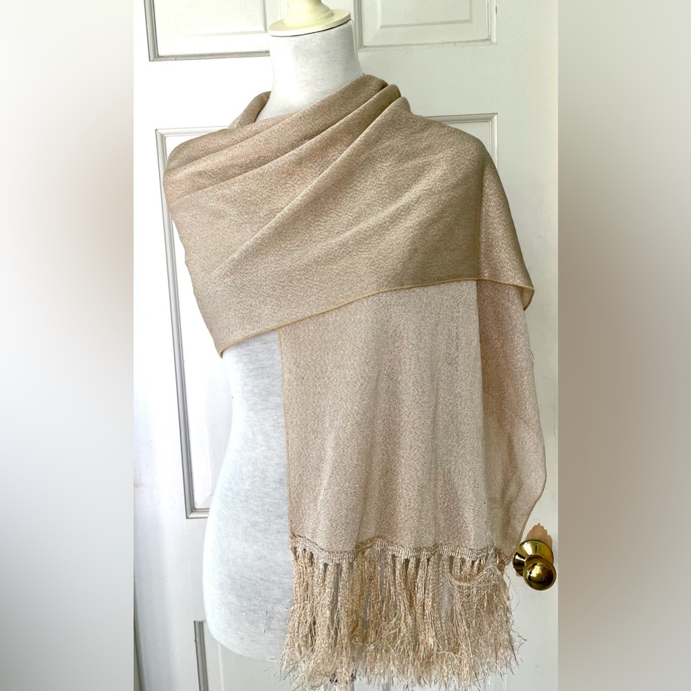 Vintage 1980’s Gold Thread Glittery Scarf Wrap w/Tassels